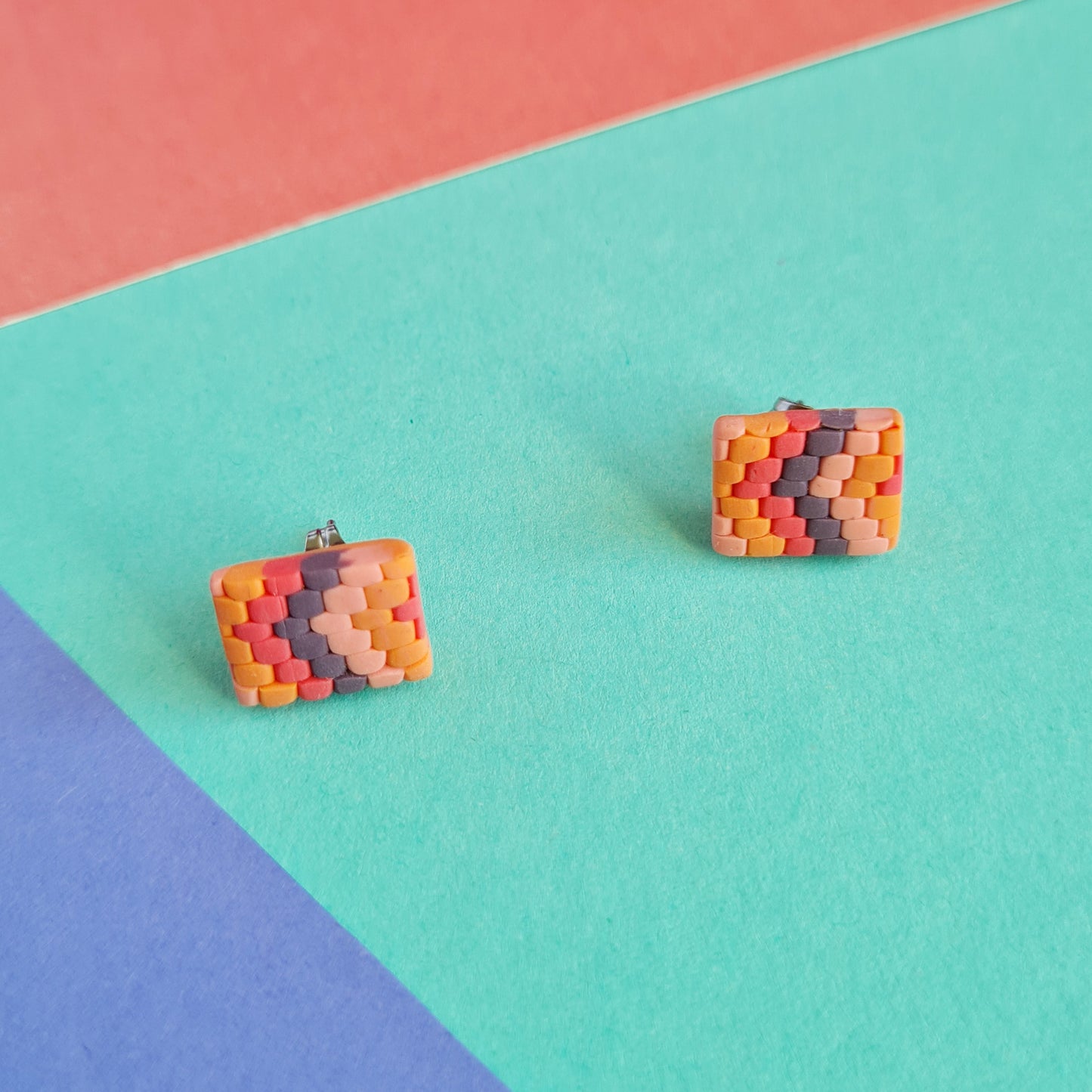 Orange knitted style polymer clay stud earrings, rectangle