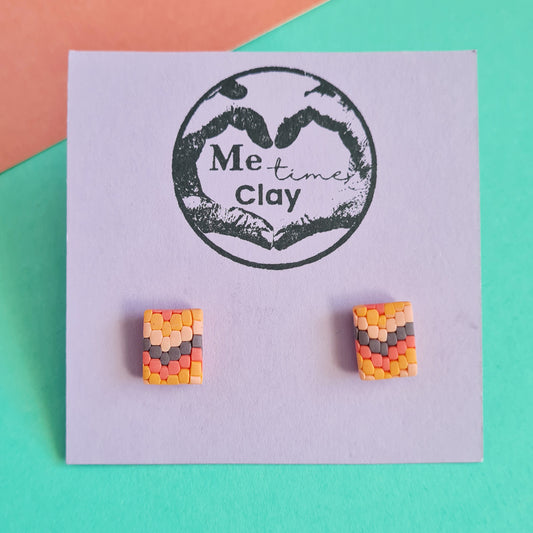 Orange knitted style polymer clay stud earrings, rectangle