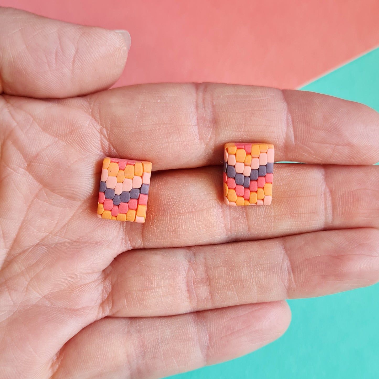 Orange knitted style polymer clay stud earrings, rectangle