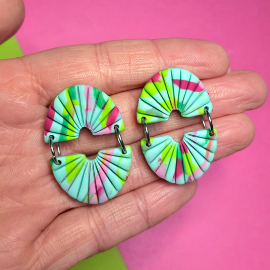 Geometric half circle polymer clay dangle earrings abstract blue