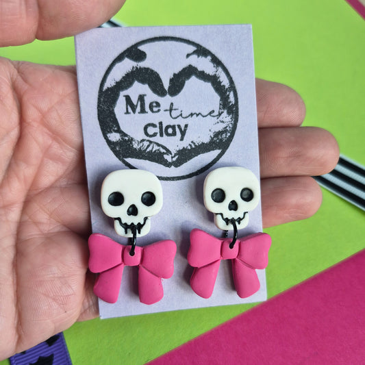 Cute halloween dangle earrings, skull + bow, white + dark pink (made to order)