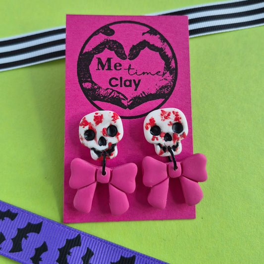 Cute halloween dangle earrings, skull + bow, white bloody + dark pink