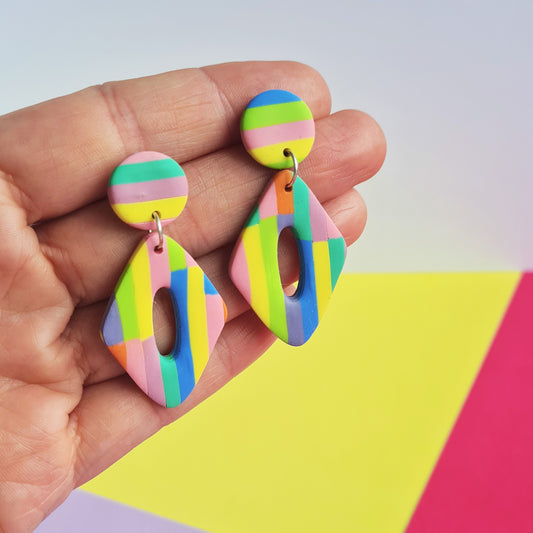 Stripy pastel diamond shape polymer clay dangle earrings